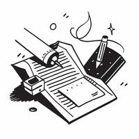 Top view of a desk with a pen and notebook symbolizing writing tools in double exposure with copy space concept as A top view of a desk with a pen and notebook intertwined represe Clear vector