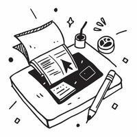Top view of a desk with a sketchbook and a digital tablet symbolizing creativity and technology in double exposure with copy space concept as A top view of a desk with a sketchboo Clear Set 2 vector
