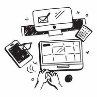 Top view of a desk with a keyboard and monitor symbolizing digital workflow in double exposure with copy space concept as A top view of a desk with a keyboard and monitor intertwi Clear vector