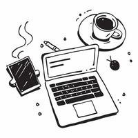 Top view of a desk with a laptop and a coffee mug symbolizing efficiency and comfort in double exposure with copy space concept as A top view of a desk with a laptop and a coffee Clear vector