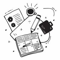 Top view of a desk with a planner and coffee mug symbolizing organized planning in double exposure with copy space concept as A top view of a desk with a planner and coffee mug in Clear vector