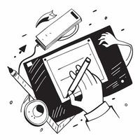 Top view of a desk with a graphic tablet and stylus symbolizing digital artistry in double exposure with copy space concept as A top view of a desk with a graphic tablet and stylu Clear vector