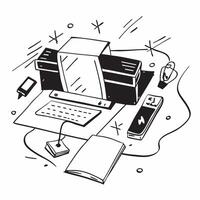 Top view of a desk with a monitor and phone symbolizing digital communication in double exposure with copy space concept as A top view of a desk with a monitor and phone intertwin Clear vector