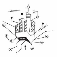 Top view of a cityscape with overlay of tech symbols symbolizing digital transformation in double exposure with copy space concept as A top view of a cityscape blended with tech s Clear Set 3 vector