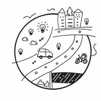 Top view of a cityscape with overlay of tech symbols symbolizing digital transformation in double exposure with copy space concept as A top view of a cityscape blended with tech s Clear vector