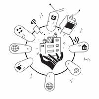 Top view of a city with smart home icons overlay symbolizing tech integrated living in double exposure with copy space concept as A top view of a city blended with smart home icon Clear vector