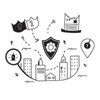 Top view of a cityscape with overlay of tech symbols symbolizing digital transformation in double exposure with copy space concept as A top view of a cityscape blended with tech s Clear Set 8 vector