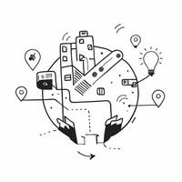 Top view of a city with overlay of tech innovation hubs symbolizing modern business districts in double exposure with copy space concept as A top view of a city blended with tech Clear vector