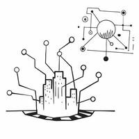 Top view of a city skyline with overlay of digital network lines symbolizing urban connectivity in double exposure with copy space concept as A top view of a city skyline blended Clear vector