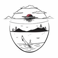 Sunset Canoe Adventure concept as A canoe glides on a mirrored lake at sunset with adventurers paddling under a sky painted with strokes of crimson in Photo Stock Concept Clear Set 2 vector