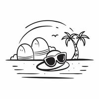 Sunhat and sunglasses on a tropical beach with a clear sky concept as Sunhat and sunglasses on a tropical beach with a clear sky providing ample copyspace for text capturing the es Clear vector