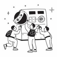 Space Station Maintenance concept as Astronauts perform maintenance on a space station module showcasing zero gravity working conditions in Photo Stock Concept Clear Set 2 vector
