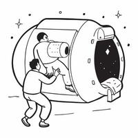 Space Station Maintenance concept as Astronauts perform maintenance on a space station module showcasing zero gravity working conditions in Photo Stock Concept Clear vector