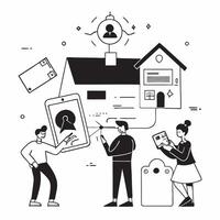Smart Home Security Monitoring concept as Homeowners use a smart home system to monitor security and receive alerts on their mobile devicesSimple flat illustration in isometric sc Clear vector