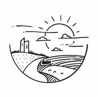 Simple flat design icon Pastoral Sunset concept as The sun sets over a pastoral landscape illuminating farm fields and livestock in a tranquil end to the day flat illustration in Clear vector