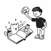 Simple flat design icon Man with autism reading a book with his cat concept as A man with autism joyfully reading a book with his cat by his side showcasing the deep emotional conn Clear vector