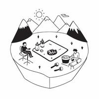 Simple flat design icon Alpine Meadows Picnic concept as Families enjoy a picnic in the vibrant Alpine meadows surrounded by panoramic mountain views and wildflowersSimple flat il Clear Set 2 vector