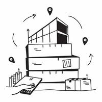Silhouette of a warehouse dock and a space planning chart symbolizing efficient warehouse design in double exposure with copy space concept as A silhouette of a warehouse dock int Clear vector
