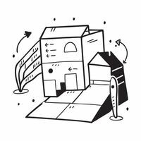 Silhouette of a warehouse and a floor plan symbolizing layout design in double exposure with copy space concept as A silhouette of a warehouse intertwined with a floor plan repres Clear vector