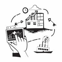 Silhouette of a shipping dock and a forecasting dashboard symbolizing financial forecasting in double exposure with copy space concept as A silhouette of a shipping dock intertwin Clear vector