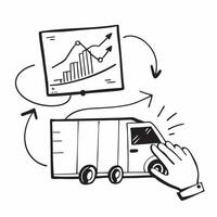 Silhouette of a delivery truck and a trend analysis chart symbolizing distribution forecasting in double exposure with copy space concept as A silhouette of a delivery truck inter Clear vector