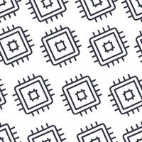 Produce multi layer tile patterns fusing microchip outlines and symbolic tech icons in white squares perfect for software packaging or brand identity concept as Merge microchip str Clear vector