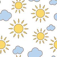 Playful spring sunshine seamless pattern with bright rays and whimsical clouds for fun energetic designs concept as Fun spring sunshine pattern with bright rays and whimsical cloud Clear Set 2 vector