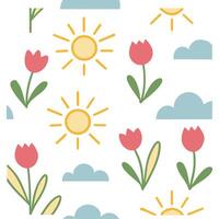 Playful spring sunshine seamless pattern with bright rays and whimsical clouds for fun energetic designs concept as Fun spring sunshine pattern with bright rays and whimsical cloud Clear Set 3 vector