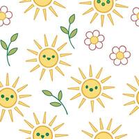 Playful spring sunshine seamless pattern with bright rays and whimsical clouds for fun energetic designs concept as Fun spring sunshine pattern with bright rays and whimsical cloud Clear Set 4 vector