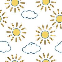 Playful spring sunshine seamless pattern with bright rays and whimsical clouds for fun energetic designs concept as Fun spring sunshine pattern with bright rays and whimsical cloud Clear vector