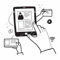 Person using a tablet and a digital collaboration interface symbolizing remote collaboration adoption in double exposure with copy space concept as A person using a tablet blended Clear vector