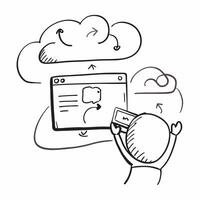 Person using a laptop and a cloud computing interface symbolizing cloud adoption in double exposure with copy space concept as A person using a laptop blended with a cloud computi Clear vector