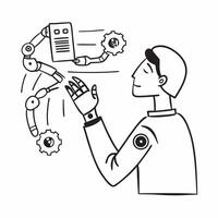 Person using a robotics interface and robotic arms symbolizing robotics technology adoption in double exposure with copy space concept as A person using a robotics interface blend Clear vector