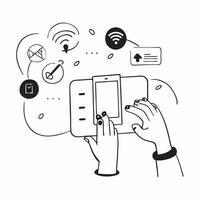 Person interacting with a virtual assistant and smart devices symbolizing smart technology adoption in double exposure with copy space concept as A person interacting with a virtu Clear vector