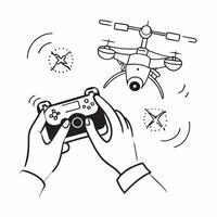 Person using a drone controller and a drone symbolizing drone technology adoption in double exposure with copy space concept as A person using a drone controller blended with a dr Clear vector