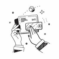 Person holding a smartphone and an augmented reality AR display symbolizing AR technology in double exposure with copy space concept as A person holding a smartphone blended with Clear vector