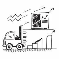 Palletizing robot and a forecast dashboard symbolizing inventory forecasting in double exposure with copy space concept as A palletizing robot blended with a forecast dashboard re Clear vector