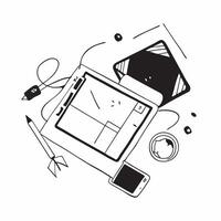 Overhead view of a workspace with a tablet and stylus symbolizing digital creativity in double exposure with copy space concept as An overhead view of a workspace intertwined with Clear vector