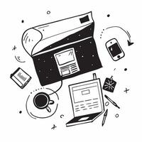 Overhead view of a workspace with a monitor and sticky notes symbolizing task management in double exposure with copy space concept as An overhead view of a workspace intertwined Clear vector