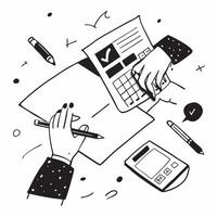 Overhead view of a workspace with a pen and calculator symbolizing calculation in double exposure with copy space concept as An overhead view of a workspace intertwined with a pen Clear vector
