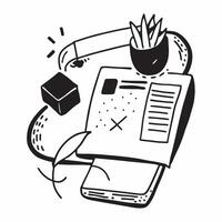 Overhead view of a workspace with a monitor and sticky notes symbolizing task management in double exposure with copy space concept as An overhead view of a workspace intertwined Clear Set 2 vector
