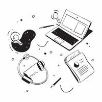 Overhead view of a workspace with a laptop and headphones symbolizing remote work in double exposure with copy space concept as An overhead view of a workspace intertwined with a Clear vector