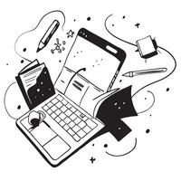 Overhead view of a workspace with a laptop and headphones symbolizing remote work in double exposure with copy space concept as An overhead view of a workspace intertwined with a Clear Set 2 vector