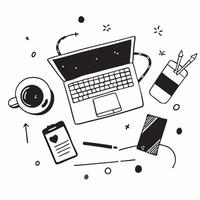 Overhead view of a workspace with a desktop computer and coffee mug symbolizing efficiency in double exposure with copy space concept as An overhead view of a workspace intertwine Clear vector