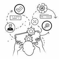Overhead view of a tech leader with gears and network symbols overlay symbolizing connectivity leadership in double exposure with copy space concept as An overhead view of a tech Clear vector