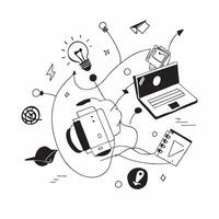 Overhead view of a tech startup with digital symbols and tech overlay symbolizing tech driven business innovation in double exposure with copy space concept as An overhead view of Clear vector
