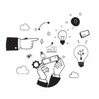 Overhead view of a tech visionary with innovation icons and tech elements overlay symbolizing technological leadership in double exposure with copy space concept as An overhead vi Clear vector