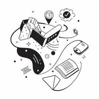 Overhead view of a tech company with virtual reality and digital overlay symbolizing VR driven business innovation in double exposure with copy space concept as An overhead view o Clear Set 2 vector