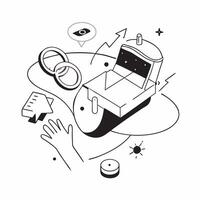 Overhead view of a tech company with virtual reality and digital overlay symbolizing VR driven business innovation in double exposure with copy space concept as An overhead view o Clear vector