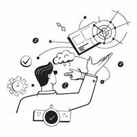 Overhead view of a tech executive with holographic interface and futuristic symbols overlay symbolizing futuristic leadership in double exposure with copy space concept as An over Clear vector